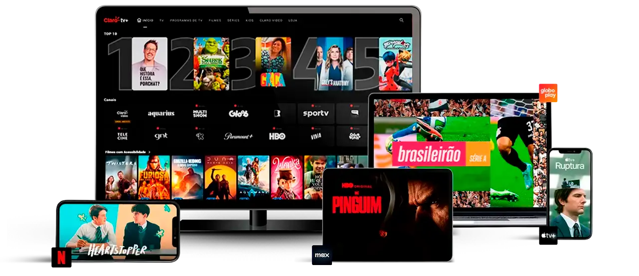 Imagem de uma televisão com o aplicativo Claro tv+, celular deitado com o aplicativo Netflix, tablet com o aplicativo MAX, notebook com o aplicativo Globoplay e celular em pé com o aplicativo Apple TV+