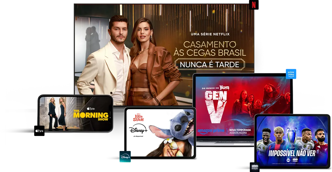 Imagem de uma televisão com o aplicativo Claro tv+, celular deitado com o aplicativo Netflix, tablet com o aplicativo MAX, notebook com o aplicativo Globoplay e celular em pé com o aplicativo Apple TV+